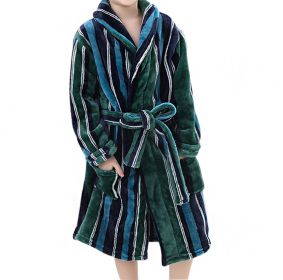 Kids Self Tie Soft Plush Bathrobe Pajamas for Boys Girls Winter Bath Homewear, Green Vertical stripes